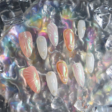 Qfdian 10pcs Almond Handmade Press On Nails Pearl Shell Aurora Design Meddle-length Full Cover Wear Manicure Art Finger Tips Decoration